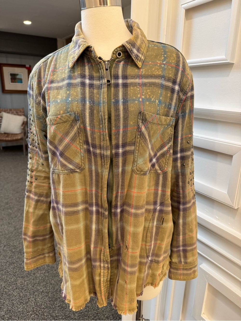 Free People Olive Plaid Distressed Zip-Up Jacket - Picture 2 of 4